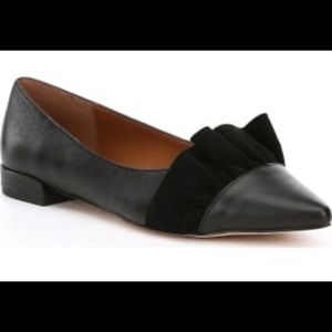 HALSTON leather point toe flats w/ suede ruffle